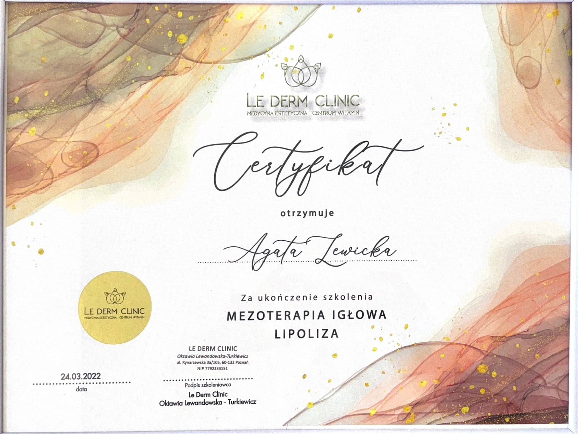 Certyfikat: Mezoterapia igłowa – Lipoliza (2022)
