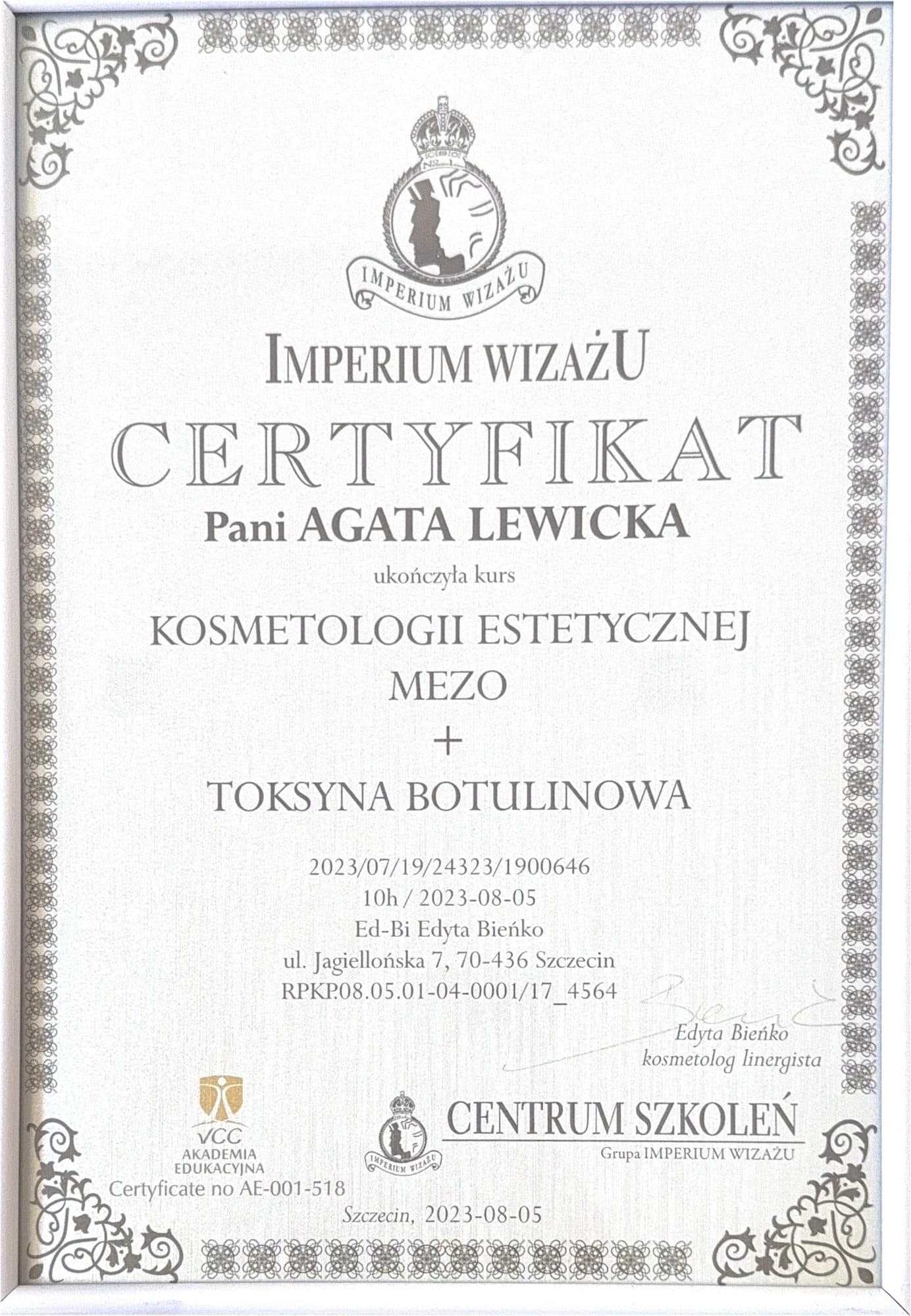 Certyfikat: Kosmetologia estetyczna: Mezo + Toksyna botulinowa (2023)