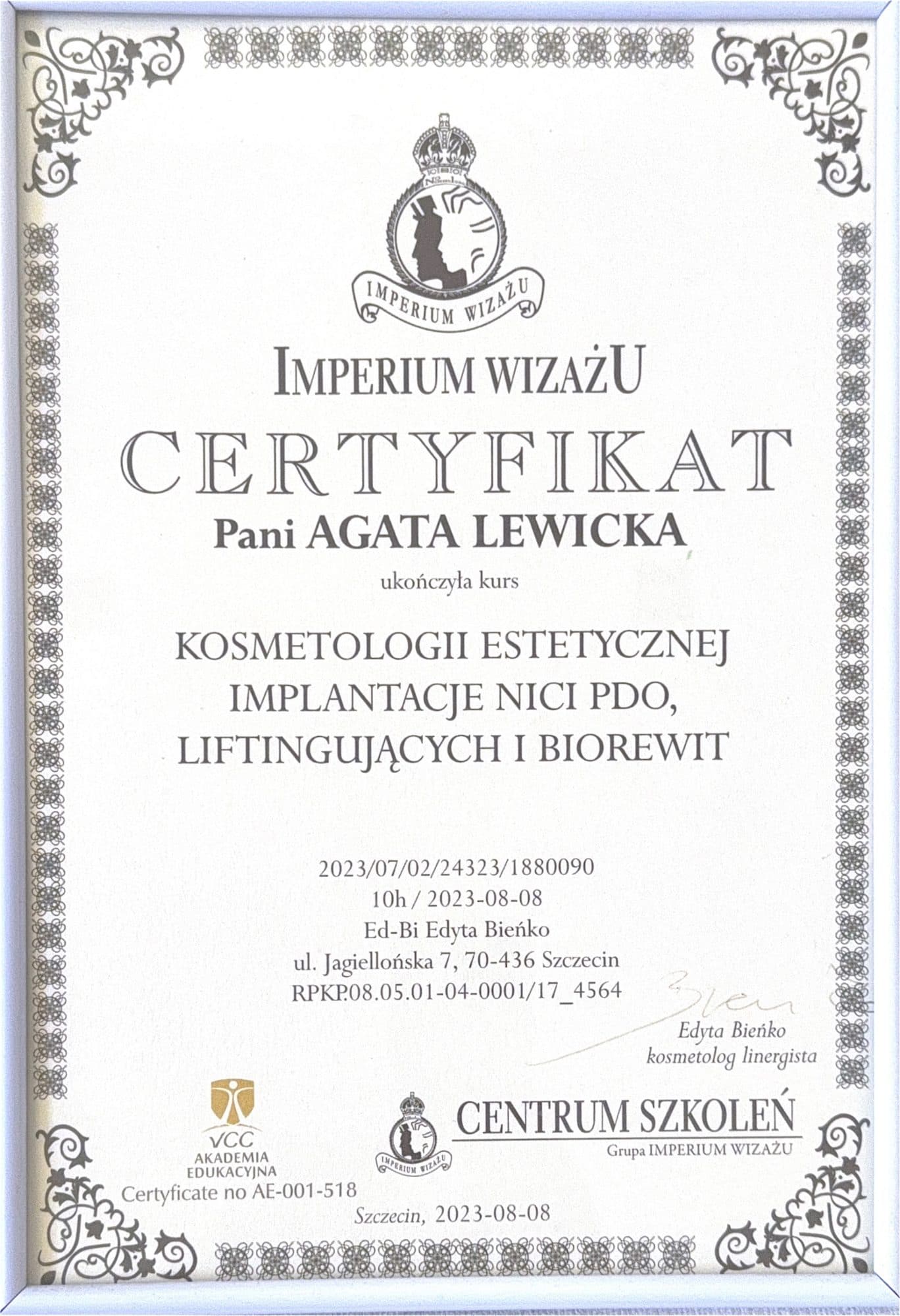 Certyfikat: Implantacje nici PDO, liftingujących i biorewitalizacja (2023)